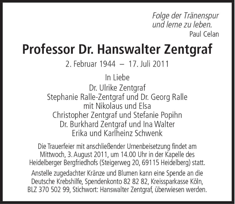  Traueranzeige für Hanswalter Zentgraf vom 30.07.2011 aus Süddeutsche Zeitung