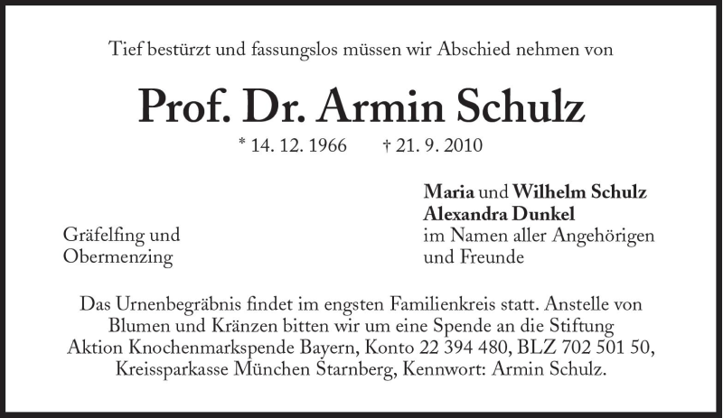  Traueranzeige für Armin Schulz vom 25.09.2010 aus Süddeutsche Zeitung