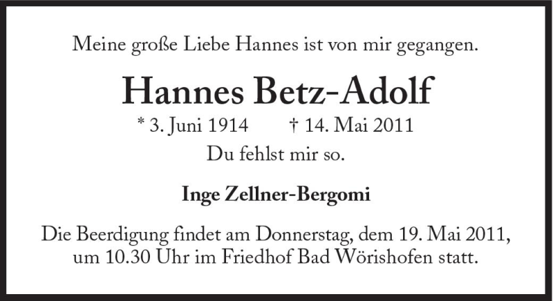  Traueranzeige für Hannes Betz-Adolf vom 17.05.2011 aus Süddeutsche Zeitung