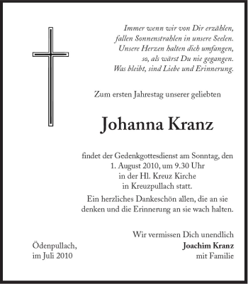 Traueranzeige von Johanna Kranz von Süddeutsche Zeitung