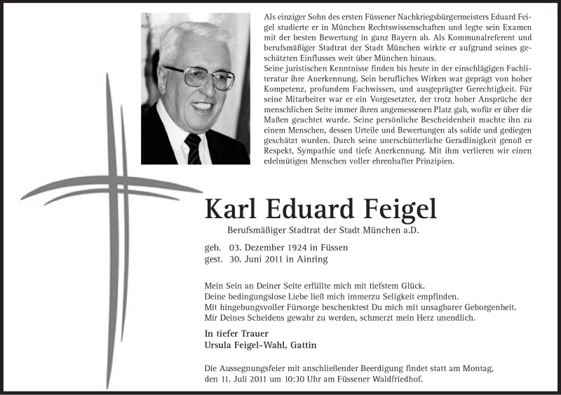  Traueranzeige für Karl Eduard Feigel vom 08.07.2011 aus Süddeutsche Zeitung