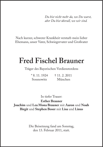Traueranzeige von Fred Fischl Brauner von Süddeutsche Zeitung