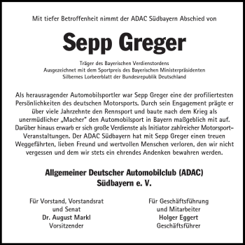 Traueranzeige von Sepp Greger von Süddeutsche Zeitung