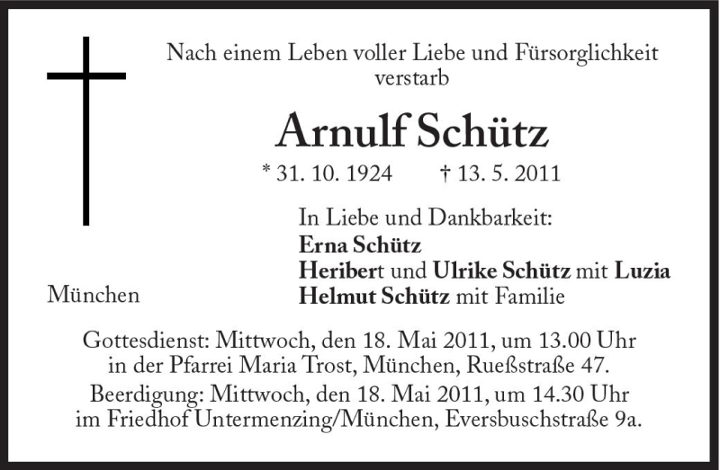  Traueranzeige für Arnulf Schütz vom 17.05.2011 aus Süddeutsche Zeitung