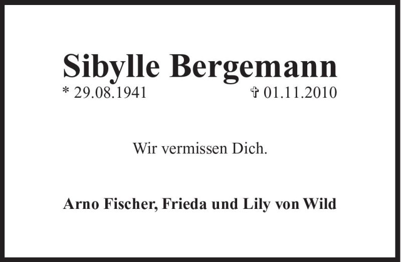  Traueranzeige für Sibylle Bergemann vom 06.11.2010 aus Süddeutsche Zeitung