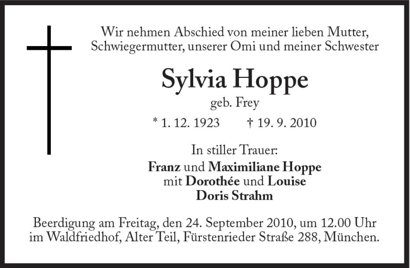  Traueranzeige für Sylvia Hoppe vom 22.09.2010 aus Süddeutsche Zeitung