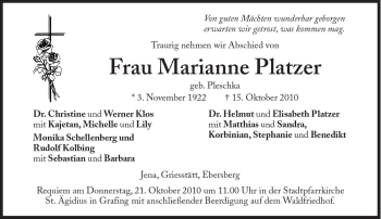 Traueranzeige von Marianne Platzer von Süddeutsche Zeitung