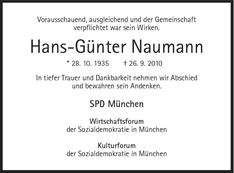  Traueranzeige für Hans Günter Naumann vom 30.09.2010 aus Süddeutsche Zeitung