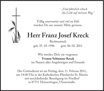 Traueranzeige von Franz Josef Kreck von Süddeutsche Zeitung