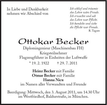 Traueranzeige von Ottokar Becker von Süddeutsche Zeitung