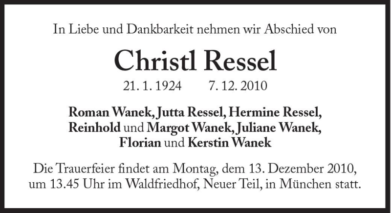  Traueranzeige für Christl Ressel vom 10.12.2010 aus Süddeutsche Zeitung