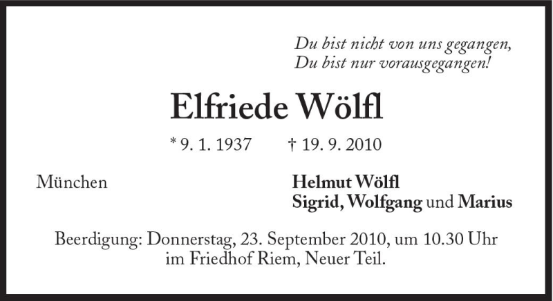  Traueranzeige für Elfriede Wölfl vom 21.09.2010 aus Süddeutsche Zeitung