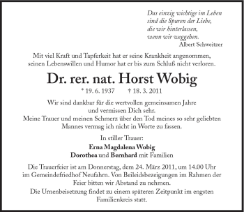 Traueranzeige von Horst Wobig von Süddeutsche Zeitung