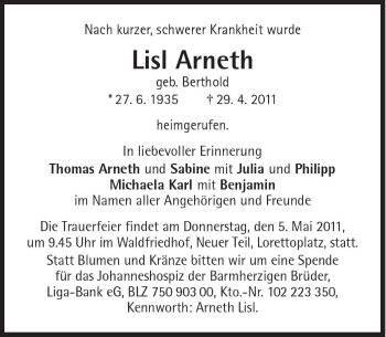 Traueranzeige von Lisl Arneth von Süddeutsche Zeitung