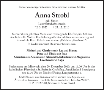 Traueranzeige von Anna Strobl von Süddeutsche Zeitung