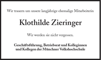 Traueranzeige von Klothilde Zieringer von Süddeutsche Zeitung