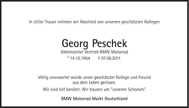  Traueranzeige für Georg Peschek vom 14.06.2011 aus Süddeutsche Zeitung