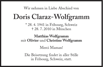 Traueranzeige von Doris Claraz-Wolfgramm von Süddeutsche Zeitung