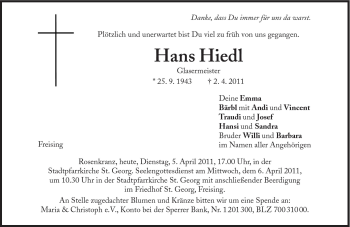 Traueranzeige von Hans Hiedl von Süddeutsche Zeitung