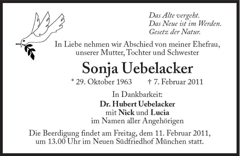  Traueranzeige für Sonja Uebelacker vom 10.02.2011 aus Süddeutsche Zeitung