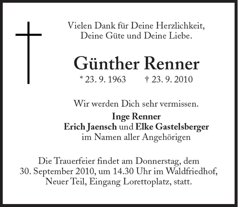  Traueranzeige für Günther Renner vom 25.09.2010 aus Süddeutsche Zeitung