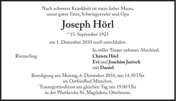 Traueranzeige von Joseph Hörl von Süddeutsche Zeitung