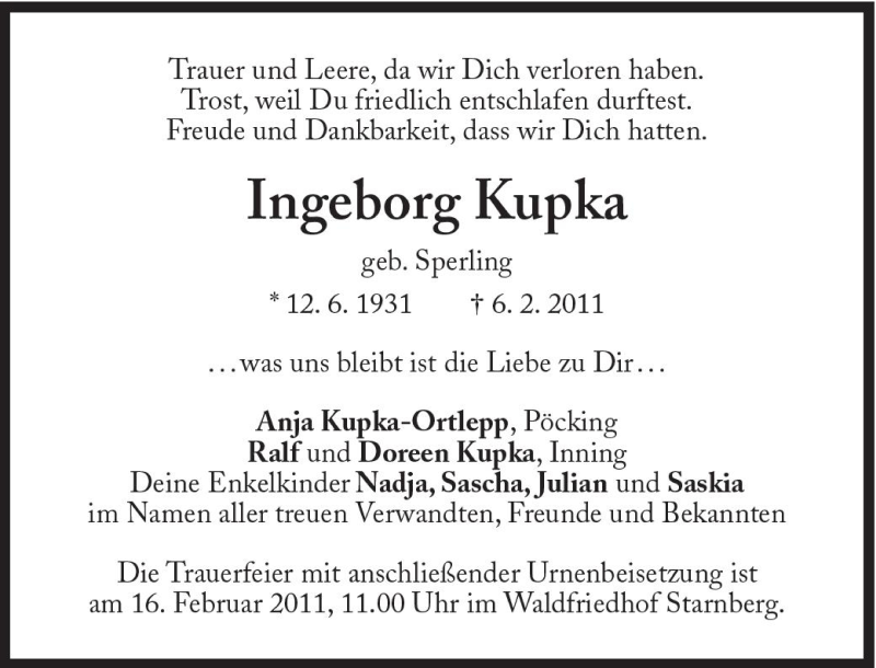  Traueranzeige für Ingeborg Kupka vom 12.02.2011 aus Süddeutsche Zeitung
