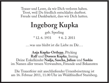 Traueranzeige von Ingeborg Kupka von Süddeutsche Zeitung