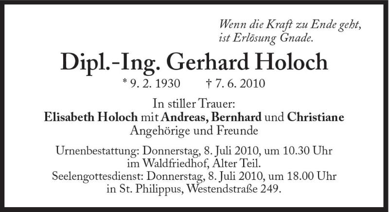  Traueranzeige für Dipl.- Ing. Gerhard Holoch vom 03.07.2010 aus Süddeutsche Zeitung