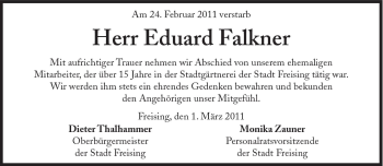 Traueranzeige von Eduard Falkner von Süddeutsche Zeitung