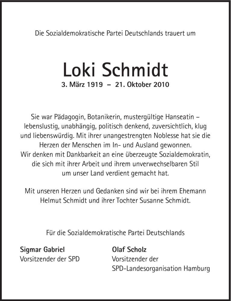  Traueranzeige für Loki Schmidt vom 27.10.2010 aus Süddeutsche Zeitung