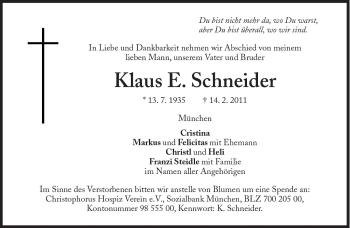 Traueranzeige von Klaus E. Schneider von Süddeutsche Zeitung