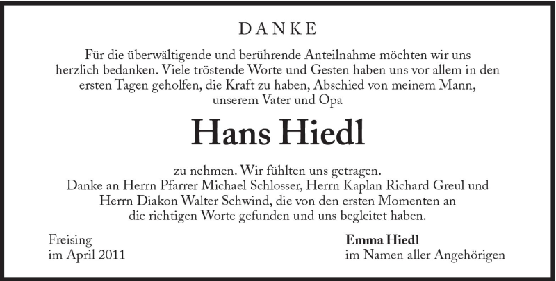  Traueranzeige für Hans Hiedl vom 16.04.2011 aus Süddeutsche Zeitung