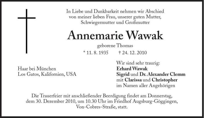  Traueranzeige für Annemarie Wawak vom 28.12.2010 aus Süddeutsche Zeitung