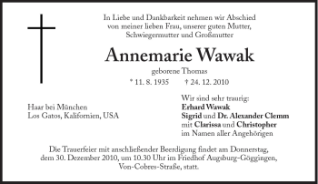 Traueranzeige von Annemarie Wawak von Süddeutsche Zeitung