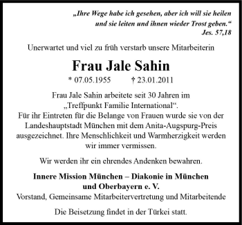 Traueranzeige von Jale Sahin von Süddeutsche Zeitung