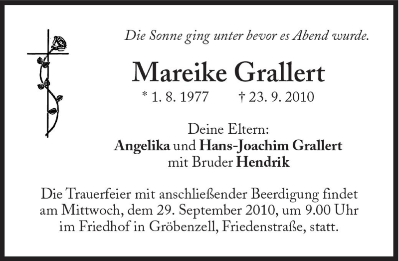  Traueranzeige für Mareike Grallert vom 25.09.2010 aus Süddeutsche Zeitung
