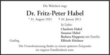 Traueranzeige von Fritz-Peter Habel von Süddeutsche Zeitung