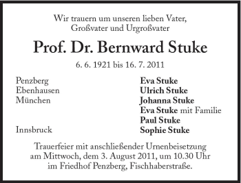 Traueranzeige von Bernward Stuke von Süddeutsche Zeitung