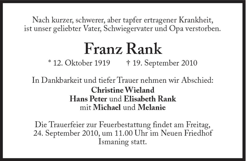  Traueranzeige für Franz Rank vom 22.09.2010 aus Süddeutsche Zeitung