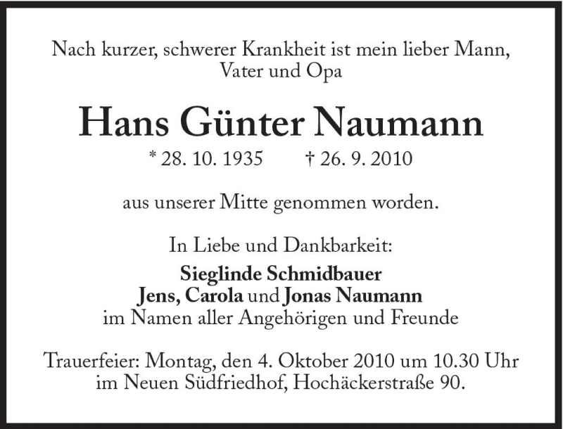  Traueranzeige für Hans Günter Naumann vom 30.09.2010 aus Süddeutsche Zeitung