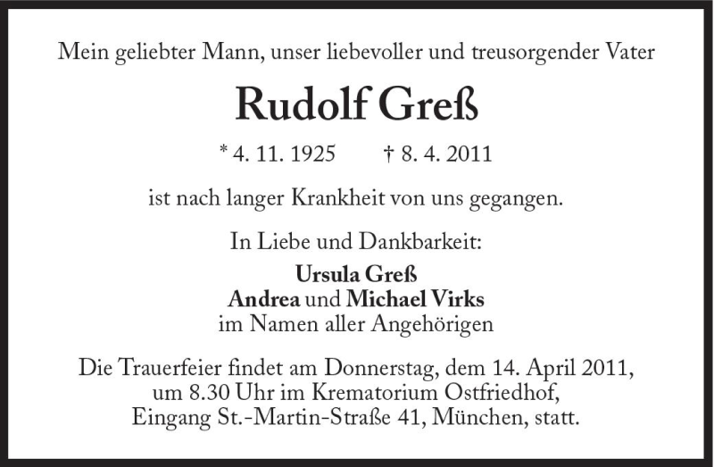 Traueranzeigen Von Rudolf Greß | SZ-Gedenken.de