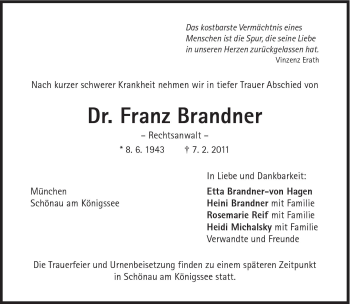 Traueranzeige von Franz Brandner von Süddeutsche Zeitung