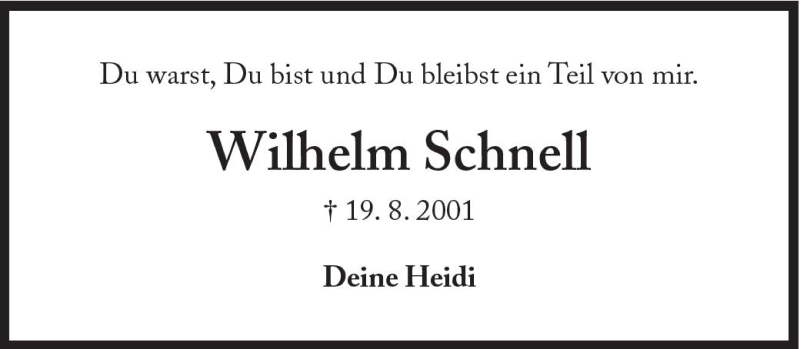  Traueranzeige für Wilhelm Schnell vom 19.08.2010 aus Süddeutsche Zeitung