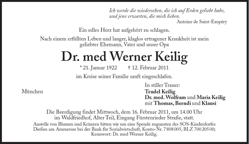  Traueranzeige für Werner Keilig vom 14.02.2011 aus Süddeutsche Zeitung