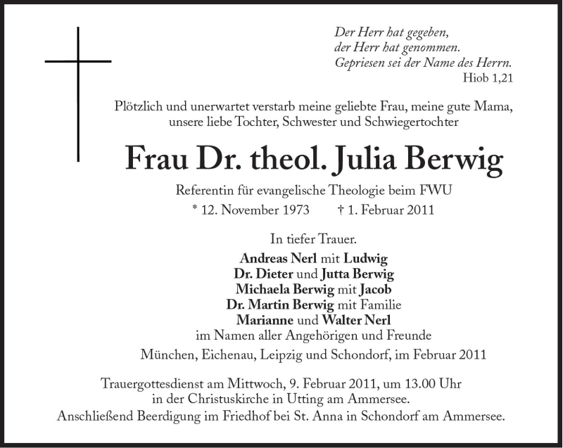  Traueranzeige für Julia Berwig vom 05.02.2011 aus Süddeutsche Zeitung