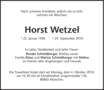 Traueranzeige von Horst Wetzel von Süddeutsche Zeitung