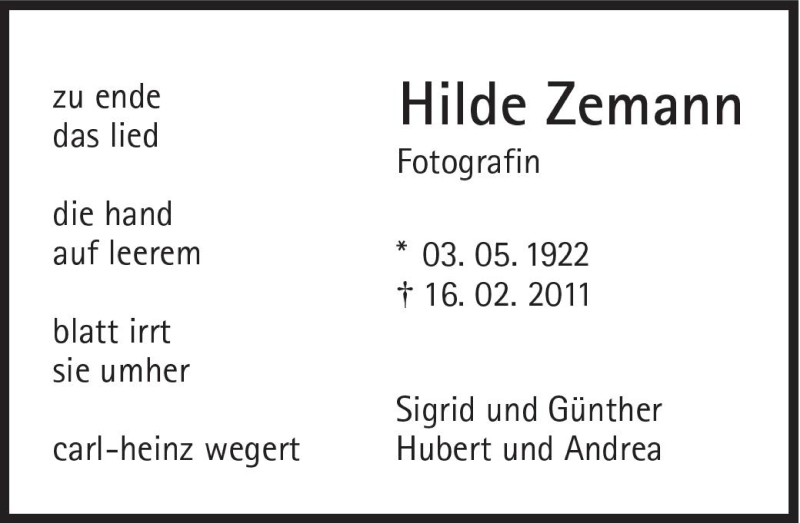  Traueranzeige für Hilde Zemann vom 22.02.2011 aus Süddeutsche Zeitung