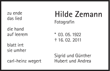 Traueranzeige von Hilde Zemann von Süddeutsche Zeitung