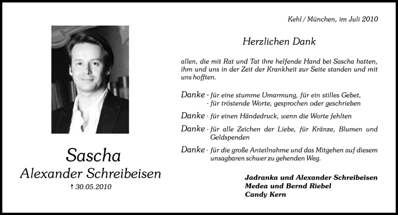  Traueranzeige für Sascha  Schreibeisen vom 03.07.2010 aus Süddeutsche Zeitung